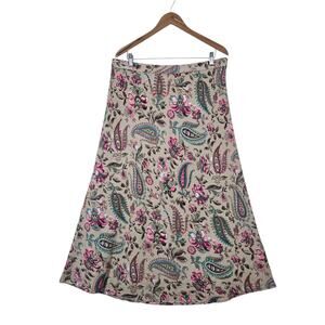 East 5th Paisley Midi Skirt 16W Beige Pink Teal Linen Blend A-Line Boho Floral